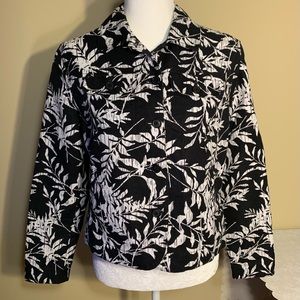 EUC Linen Jacket - Black/White Leaf Pattern, Jean-Jacket Style